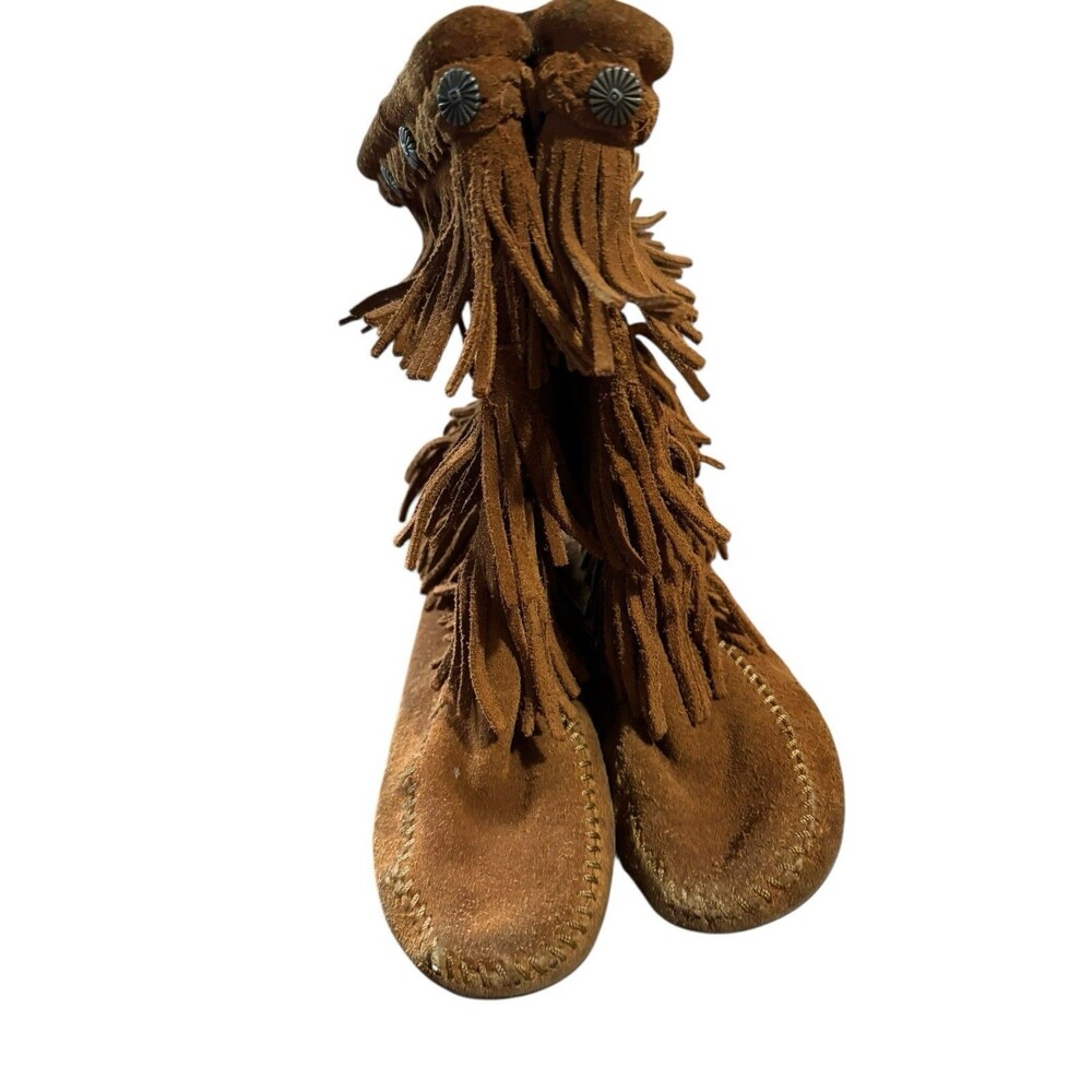 Minnetonka Youth Girls Size 2 Brown Suede Three Layer Fringe Zip Up Boot READ - Picture 3 of 7